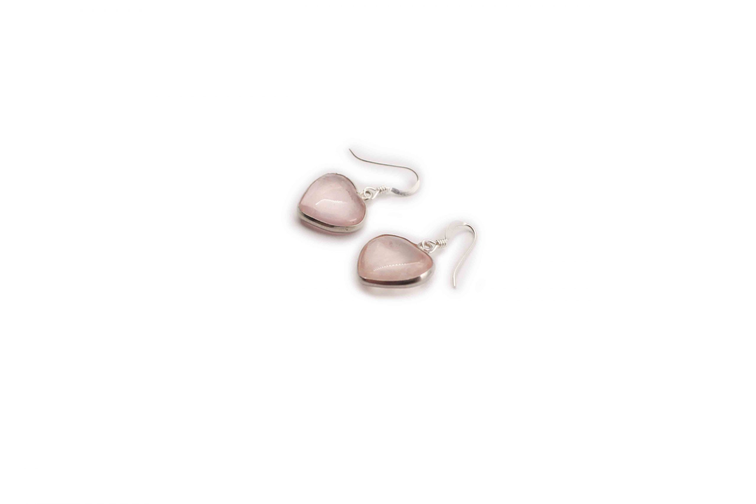 Rose Quartz Single Heart Silver Earrings - Crystal Dreams