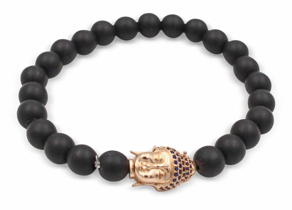 Matte Black Agate Bracelet with Buddha Charm (8mm)- Crystal Dreams
