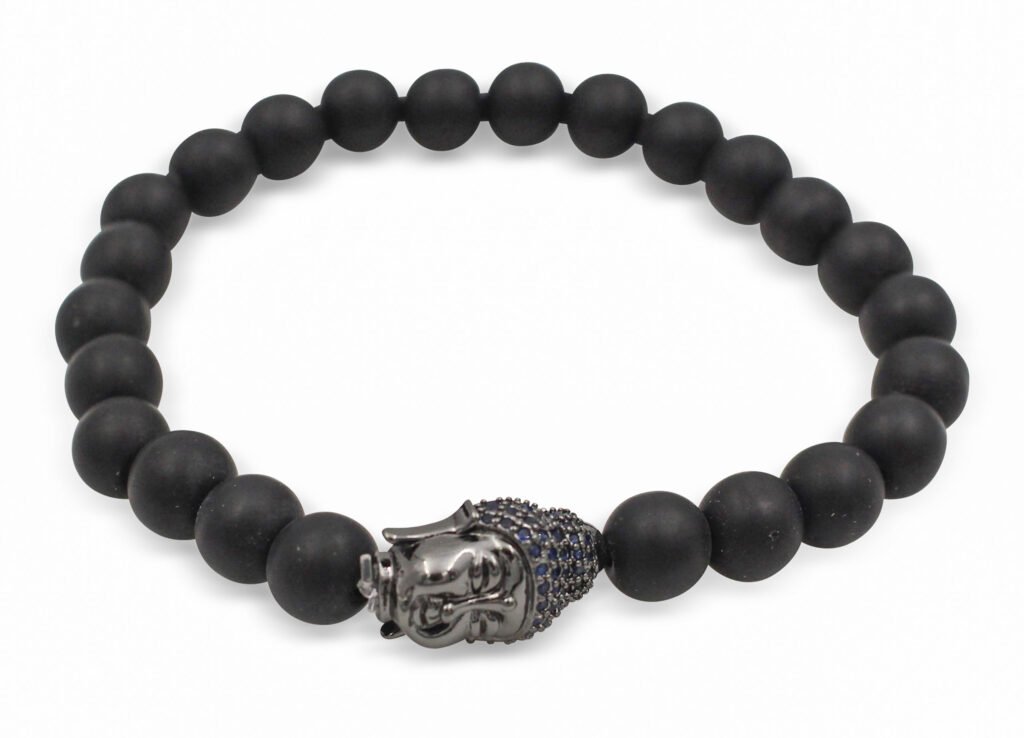 Matte Black Agate Bracelet with Buddha Charm (8mm)- Crystal Dreams