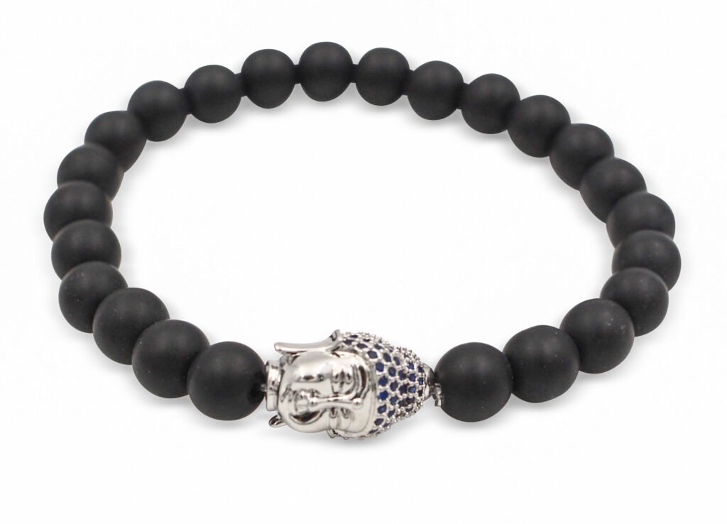 Matte Black Agate Bracelet with Buddha Charm (8mm)- Crystal Dreams