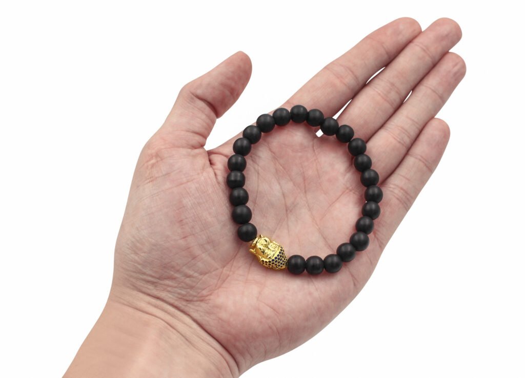 Matte Black Agate Bracelet with Buddha Charm (8mm)- Crystal Dreams
