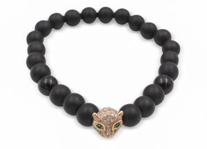 Bracelet d’agate noire matte avec breloque de jaguar