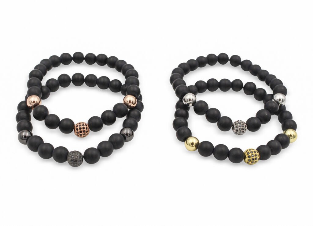 Matte Black Agate Bracelet with Sphere Charm- Crystal Dreams