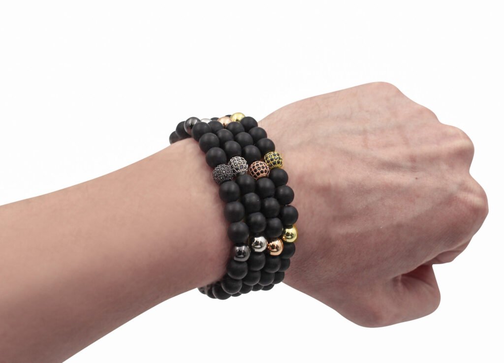 Matte Black Agate Bracelet with Sphere Charm- Crystal Dreams