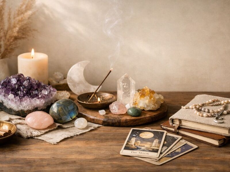 Cristaux, encens et cartes de tarot dans un cadre spirituel apaisant