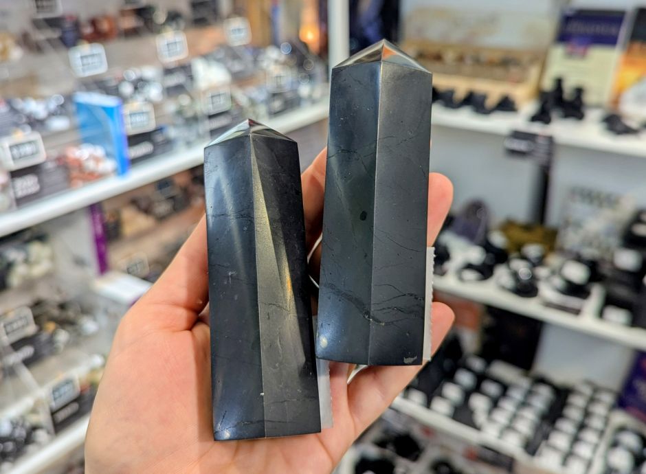 Black shungite crystal towers for grounding and protection