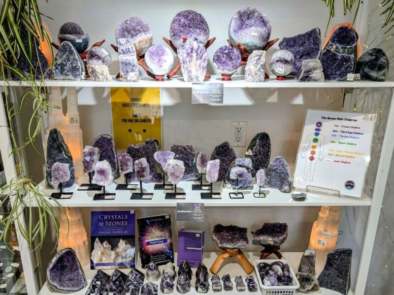 Amethyst crystals display in spiritual crystal shop