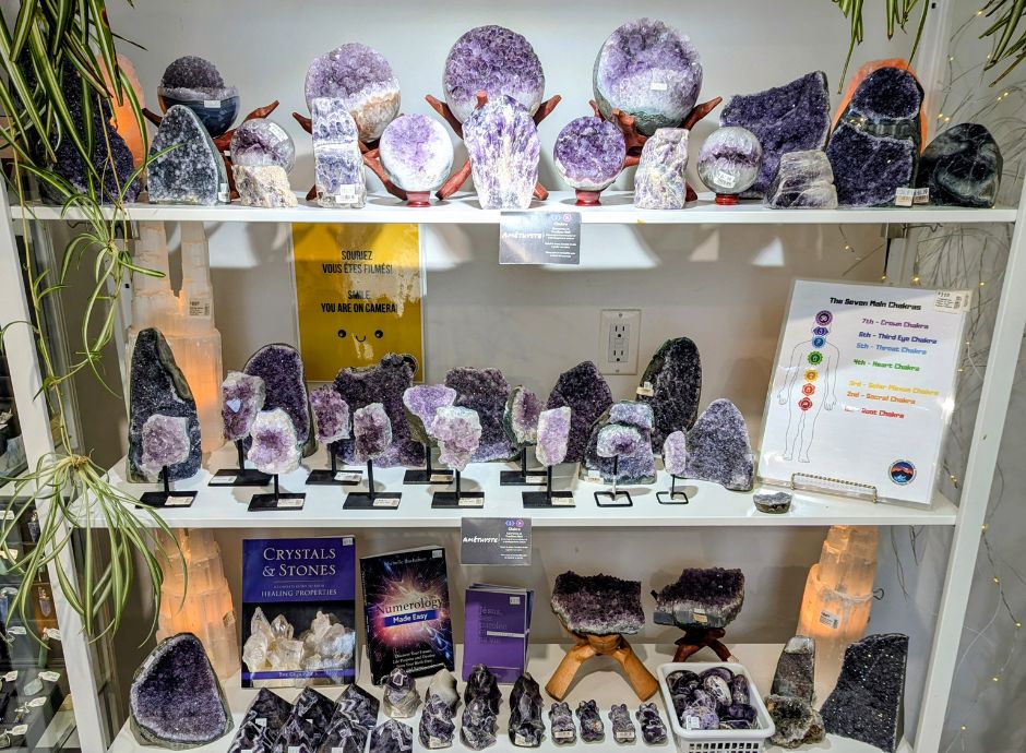 Amethyst crystals display in spiritual crystal shop