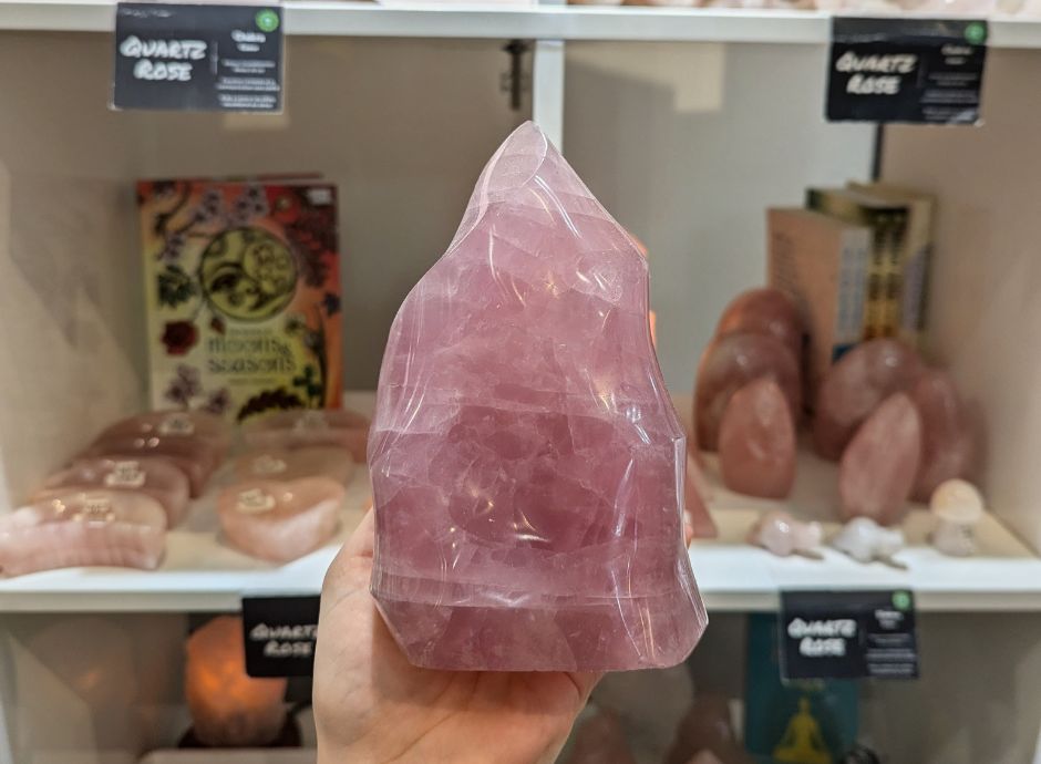 Rose quartz crystal tower promoting love and emotional balance
