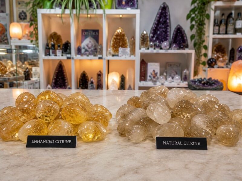 Natural citrine and enhanced citrine crystals displayed side by side in a crystal shop