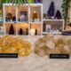Natural citrine and enhanced citrine crystals displayed side by side in a crystal shop