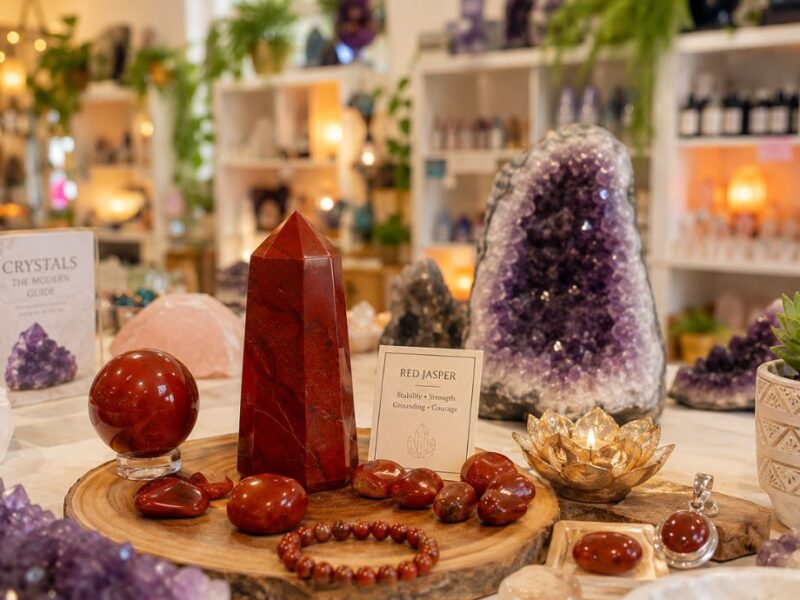 Red Jasper crystal display inside Crystal Dreams crystal shop in Montreal