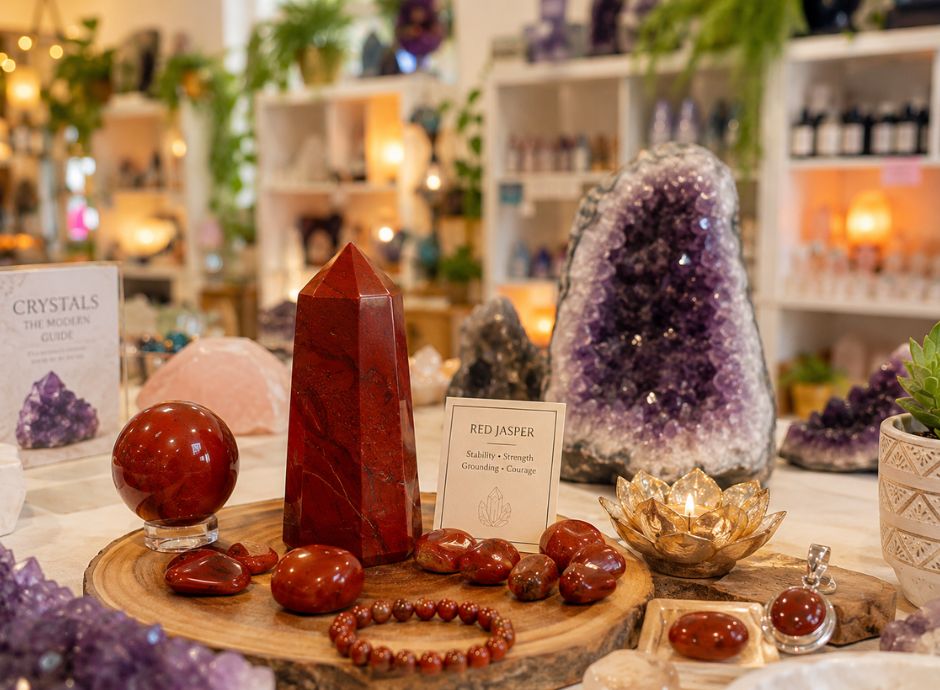 Red Jasper crystal display inside Crystal Dreams crystal shop in Montreal