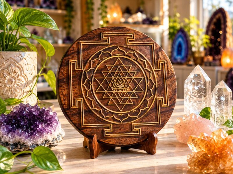 Sri Yantra symbol displayed with crystals in a spiritual setting